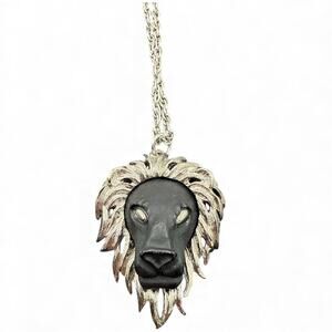 Vintage 1960s Luca Razza Leo Black and Silver-tone Lion Head Necklace 16"